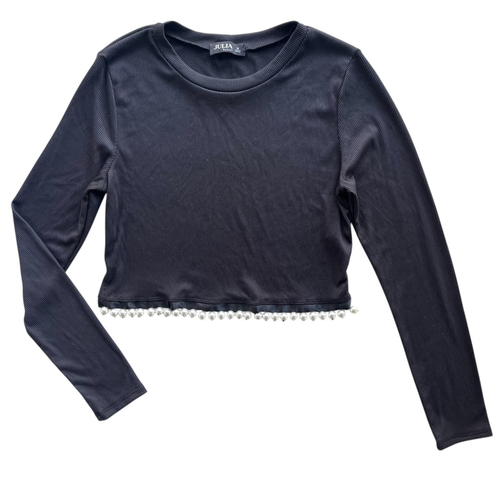 JULIA by LOVE J Women M Black Ribbed Long Sleeve Crop Top Pearl Trim Chic Preppy